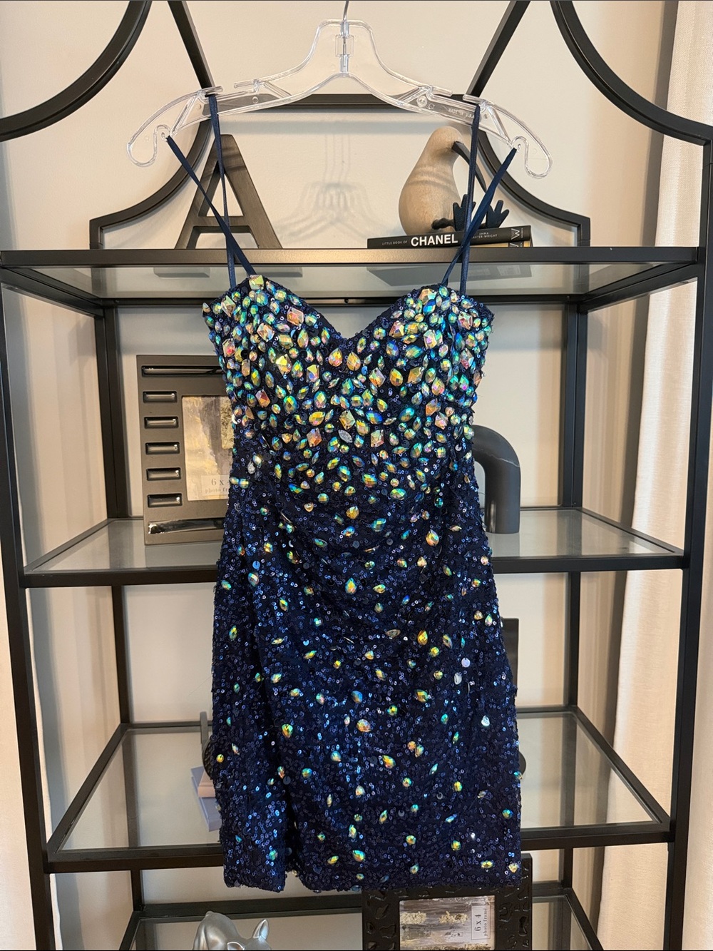 Angela & Alison Navy Blue Sequin Cocktail Dress with Iridescent Embellishments